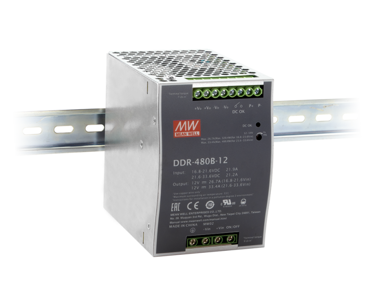 Mean Well DDR-480B-24 przetwornica DC-DC 17-33V->24V 480W na szynę DIN