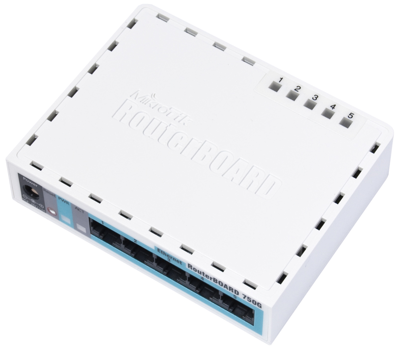 RouterBOARD RB750G, 5x LAN, 0x MiniPCI, 32MB SD-RAM i 64MB FLASH
