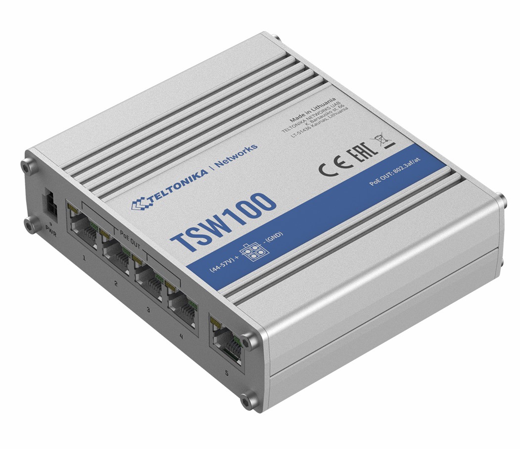 Teltonika TSW100 przemysłowy switch (przęłącznik) 5x GE, 4x PoE (802.3af/at)