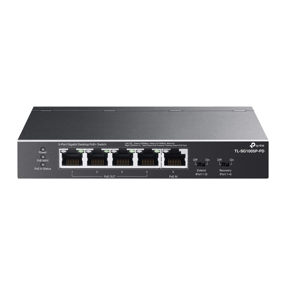TP-Link SG1005P-PD switch 5x GE, 4x PoE+ OUT (802.3af/at), 1x PoE++ IN (802.3af/at/bt), 66W