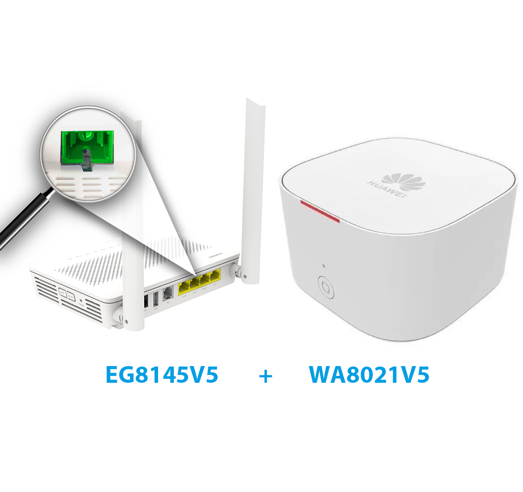 Zestaw: terminal GPON ONT Huawei EG8145V5 (Wi-Fi 5 AC1200, 4x GE) + router Mesh Huawei WA8021V5 (Wi-Fi 5 AC1200, 3x GE)